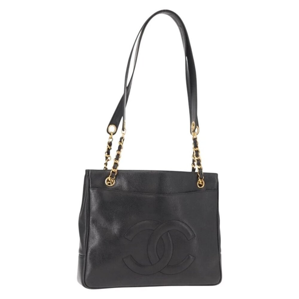 CHANEL Tote Bag Grained Calf Skin Black Gold CC Auth BA7490 - Picture 2 of 16
